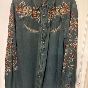 Martini Ranch Denim Shirt w/ tattoo like Multicolor Floral Embroidery on sleeve.